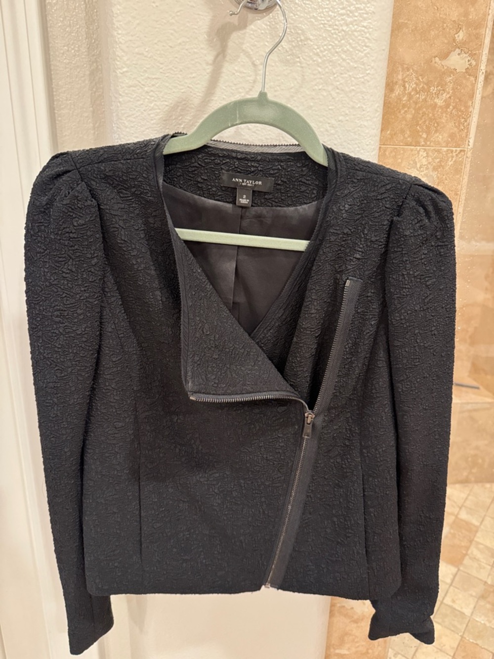 Ann Taylor Black Textured Asymmetric Zip Blazer
